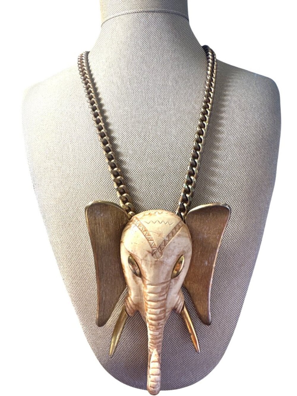 Vintage 1970s Luca Razza Attributed Elephant Necklace Resin Gold Tone Runway